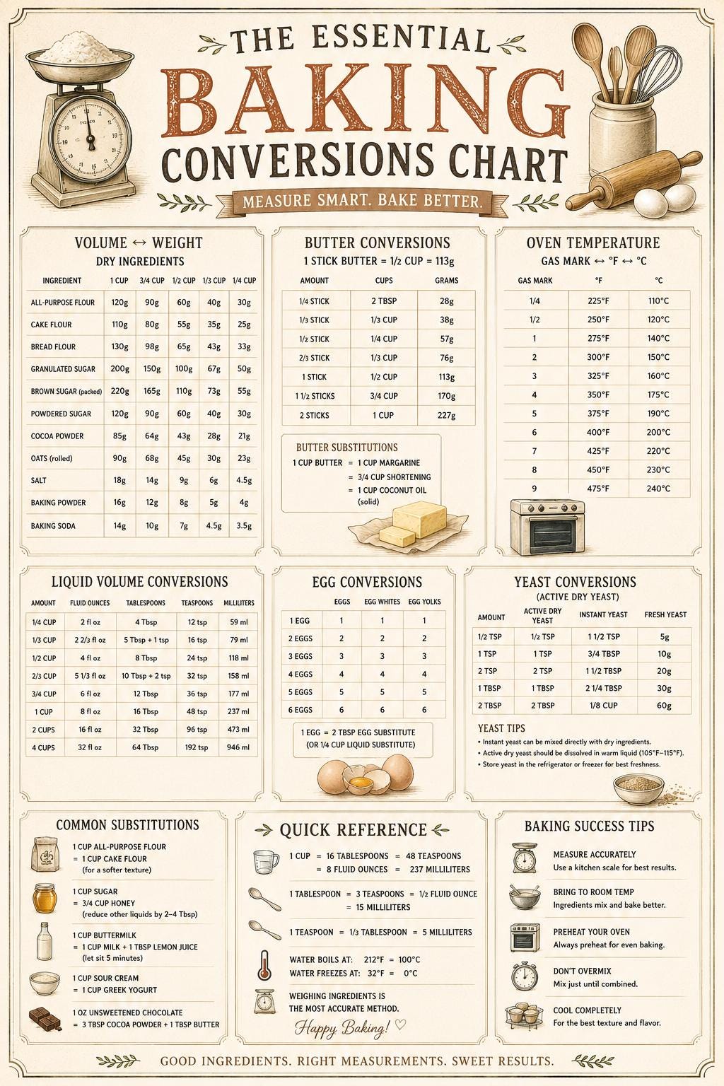 Baking Conversions Chart Poster, Baking Kitchen Wall Art, Printable ...