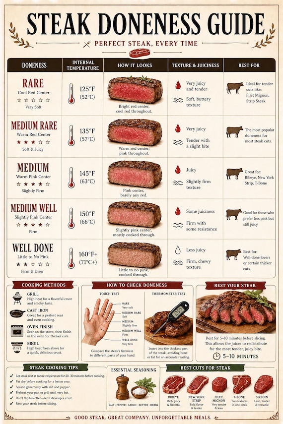 Steak Doneness Guide Poster, Cooking Chart, Kitchen Wall Art (Instant Download)