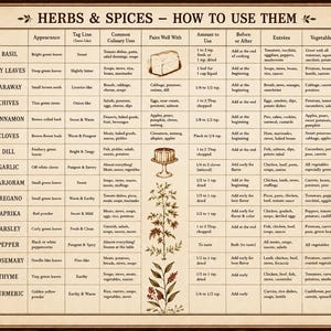 May include: A vintage-style informational chart titled HERBS & SPICES – HOW TO USE THEM. The grid lists various herbs and spices with columns for appearance, flavor, culinary uses, pairings, amounts, timing, and food suggestions, decorated with botanical illustrations.