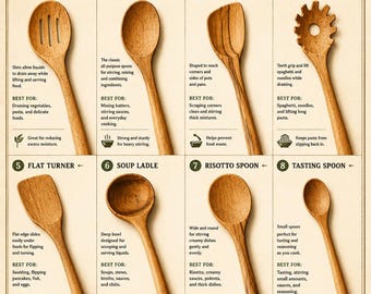 Póster de cucharas de madera para la cocina, decoración rústica de cocina, guía de utensilios de cocina, arte mural para cocina de estilo rústico, descarga imprimible.