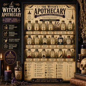 以下が含まれることがあります： 「The Witch's Apothecary」と題された額入りポスター。魔法の材料、ハーブ、ポーションが入ったラベル付きガラス瓶のイラストと、薬局の道具、対応表、一般的な治療法に関するセクションが描かれています。