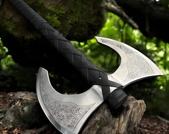 Double Headed Viking Axe with Sheath - Two-Handed Norse Battle Axe, Leather Wrapped Handle, Unique Christmas Gift for Him
