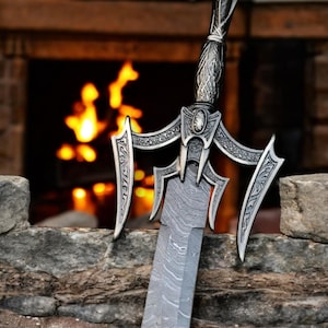 Damascus Steel Barbarian Sword 37” – Hand-Forged 27” Double Edge Medieval Warrior Blade with Leather Sheath