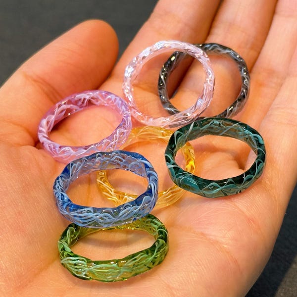 Handmade Swirl Glass Rings – Colorful Lampwork Bands with Intricate Textured Patterns | Unique Art Glass Jewelry