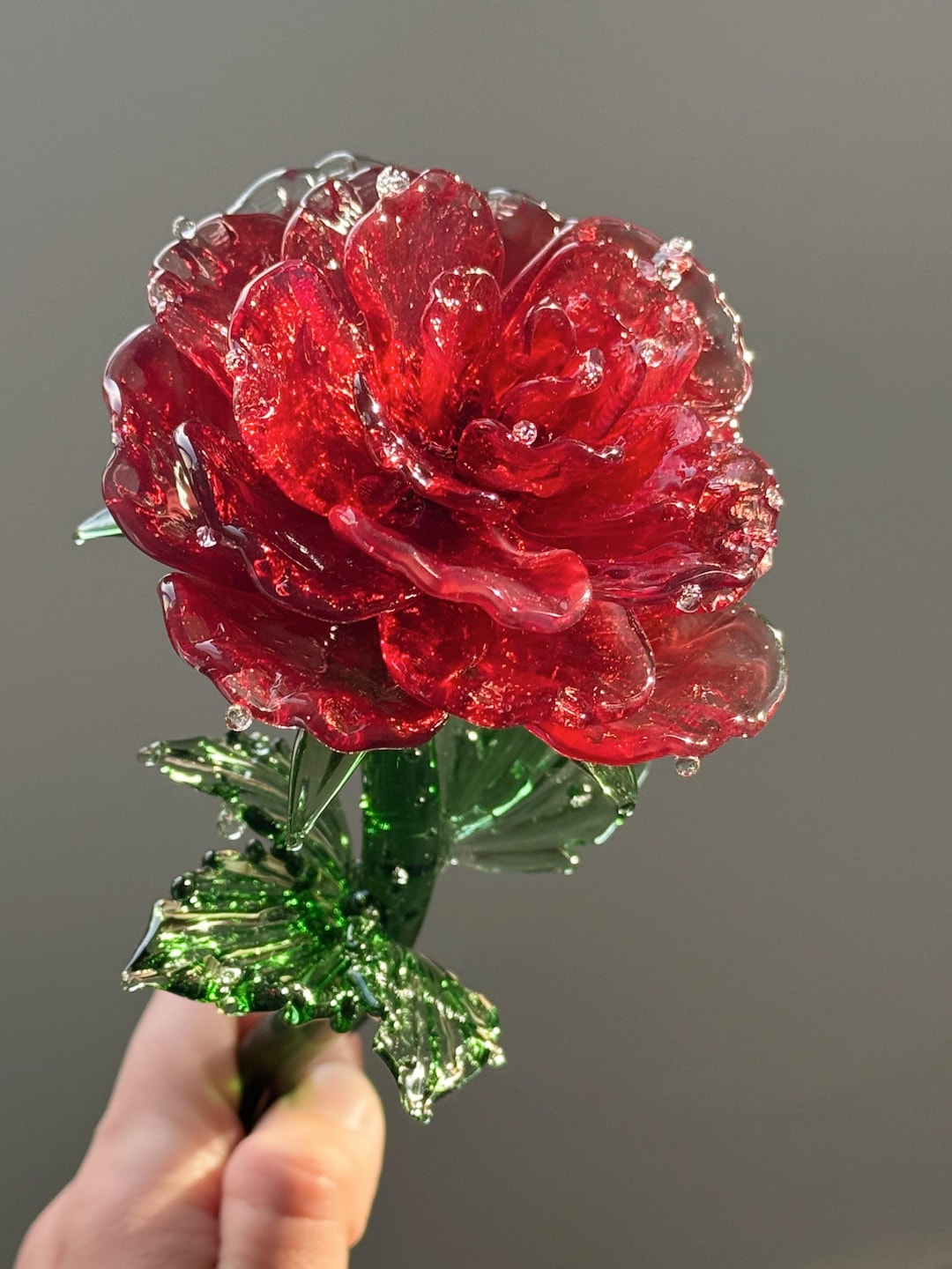 Handmade Glass Rose Flower Sculpture, Realistic Red Glass Flower ...