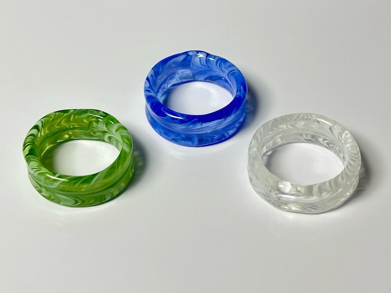 Handmade Glass Ring With White Swirl Pattern – Green Blue Clear Band ...