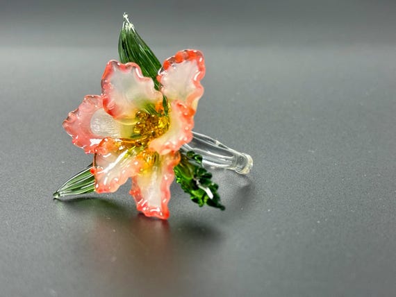 Handmade Glass Gladiolus Flower Ring – Ruby Red Bloom on Transparent Band, August Birth Flower Jewelry, Wedding Anniversary Gift for Her