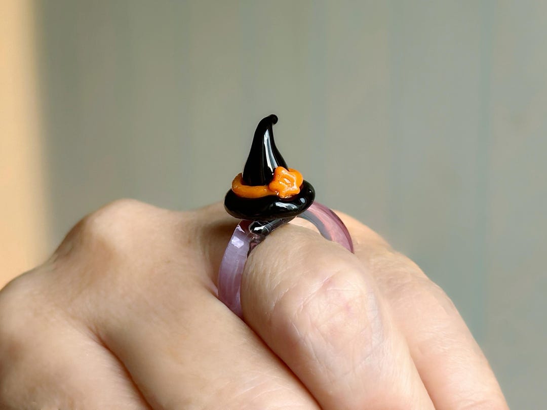 Handmade Black Witch Hat Glass Ring – Spooky Halloween Jewelry, US 6–10 ...