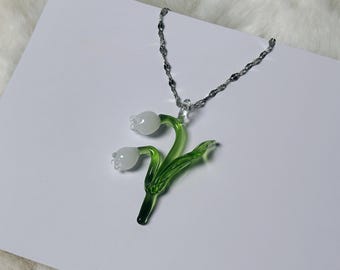 Handmade Glass Lily of the Valley Pendant – Delicate White Blossoms on Green Stem, Lampwork Flower Necklace, Nature Jewelry Gift