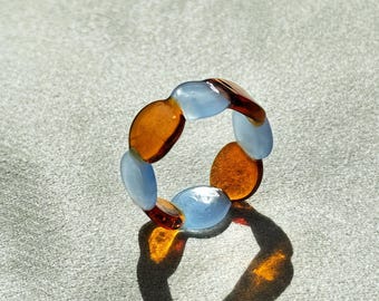 Sunset Waves – Handmade Art Glass Ring – Sea Glass Blue & Molten Gold Swirls, Boho Jewelry, Mediterranean Summer Gift, US Size 5 - 12