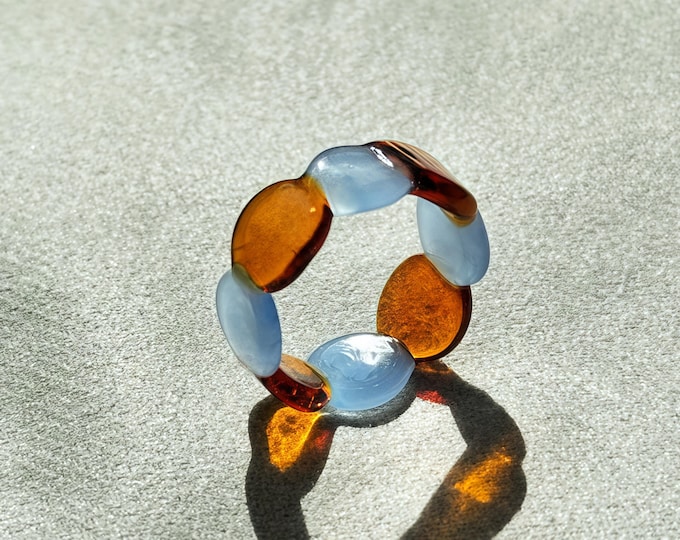 Sunset Waves – Handmade Art Glass Ring – Sea Glass Blue & Molten Gold Swirls, Boho Jewelry, Mediterranean Summer Gift, US Size 5 - 12