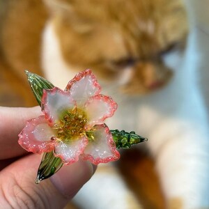 May include: A handcrafted glass flower with white petals edged in pink, a yellow centre, and green leaves. The delicate floral design is held in a person's hand, with a blurred orange and white cat in the background.