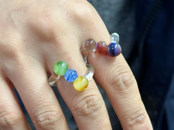 Handmade Glass Sphere Ring – Nature-Inspired & Cosmic Design Glass Jewelry, Artistic Statement Ring, Colorful Lampwork Ring Gift
