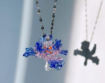 Handmade Glass Iris Flower Pendant – Blue Purple Lampwork Necklace, Elegant Dreamy Floral Jewelry Gift for Her