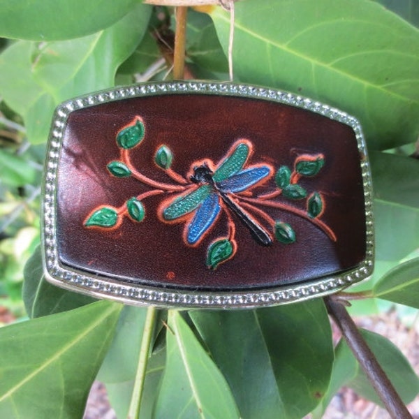 Leather Belt Buckle with Dragon Fly