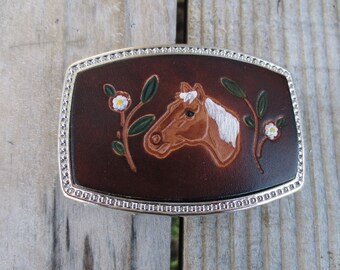 Leather Belt Buckle with Insert stamped with Horse