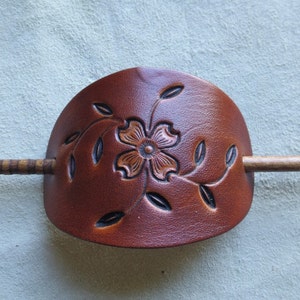 Leather Stick Barrette with antique tan tooled Dogwood image 3