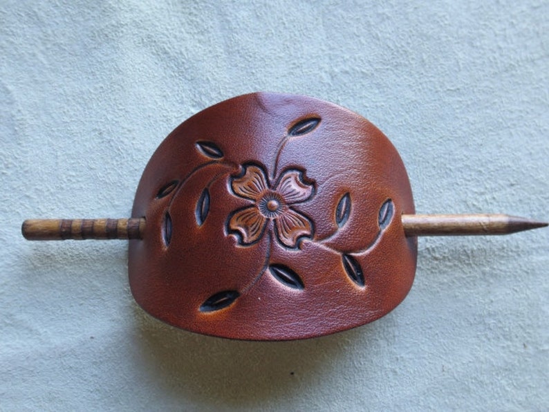 Leather Stick Barrette with antique tan tooled Dogwood image 3