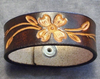 Leather Cuff with Tooled Dogwood Flower (please see description for sizing)