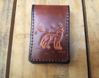 Leather Money Clip with Howling Wolf