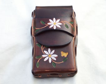 Handmade Leather Daisy Cigarette Case With Disposable Lighter Case