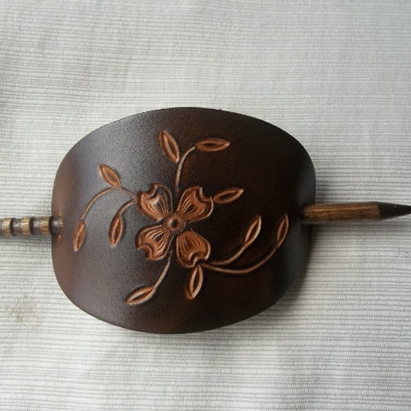 Leather Stick Barrette with Tooled Brown  Dogwood Flower