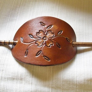 Leather Stick Barrette with antique tan tooled Dogwood image 1
