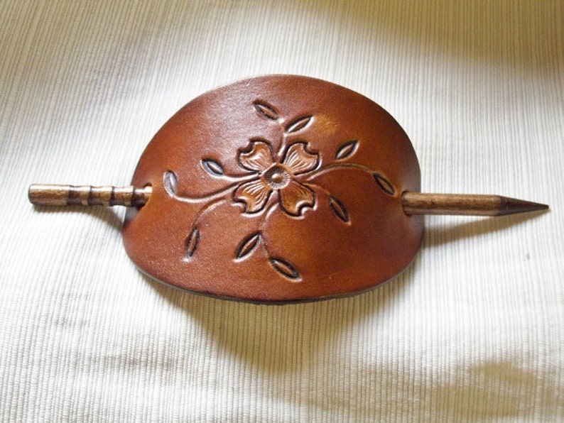 Leather Stick Barrette with antique tan tooled Dogwood image 1