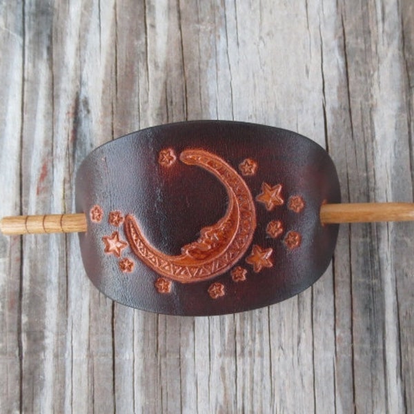 Small Leather Stick Barrette with Moon and Stars