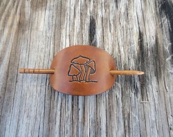 Leather Stick Barrette with Mushrooms