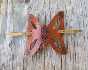 Tooled Leather Butterfly Hair Stick Stamped with Geometric Design