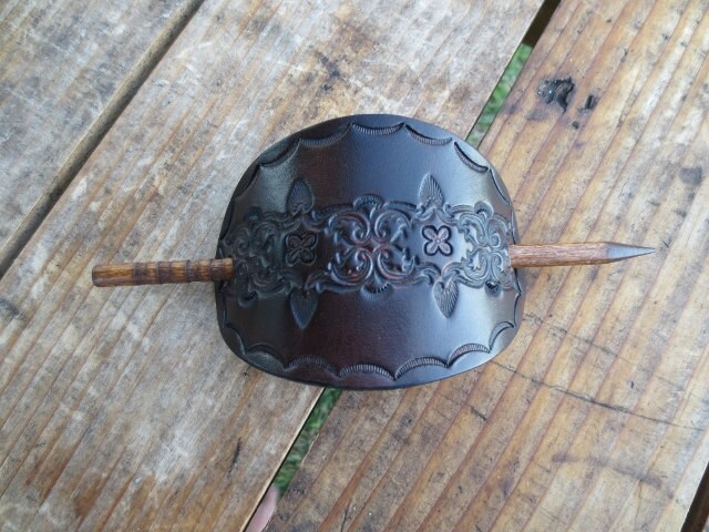 Leather Hair Stick  with Tooled Geometric Design