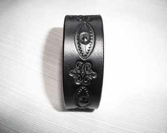 Black Leather Cuff with Unique Tooled  Design (please see description for sizing)