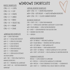 May include: A gray infographic with the title "Windows Shortcuts" and various keyboard shortcuts for basic, virtual desktop, advanced, window management, and screenshot functions. The text is in black and white.