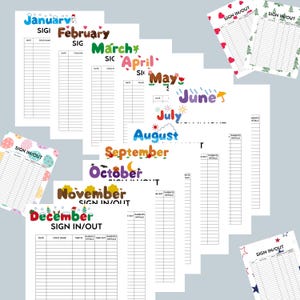 Op de afbeelding: Een verzameling afdrukbare aan- en afmeldingsbladen voor elke maand van het jaar. Elk blad toont de naam van de maand in kleurrijke, speelse letters. De bladen bevatten ruimte voor data, kindernamen en in-/uitstapgegevens.