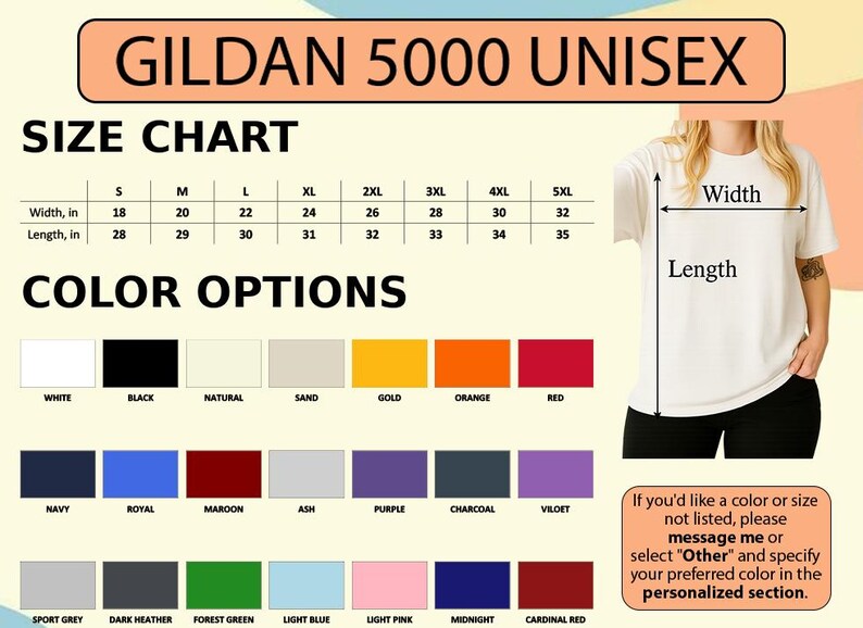 May include: A size chart for Gildan 5000 Unisex t-shirts, with measurements in inches. Color options include white, black, navy, and more. The image also shows a person wearing a white t-shirt.