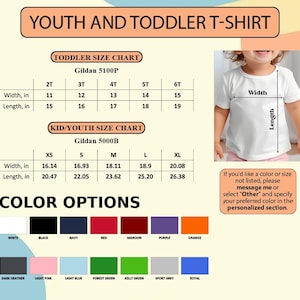 May include: A white t-shirt with size charts for youth and toddler sizes. The image includes a color chart with options like white, black, navy, red, and orange. The text reads "YOUTH AND TODDLER T-SHIRT".