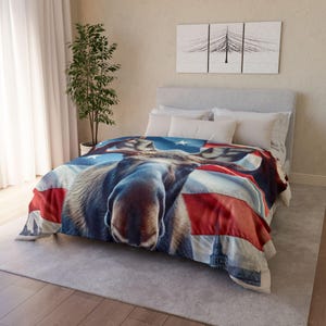 Manta polar patriótica con diseño de alce, decoración para cabaña con la bandera de EE. UU.