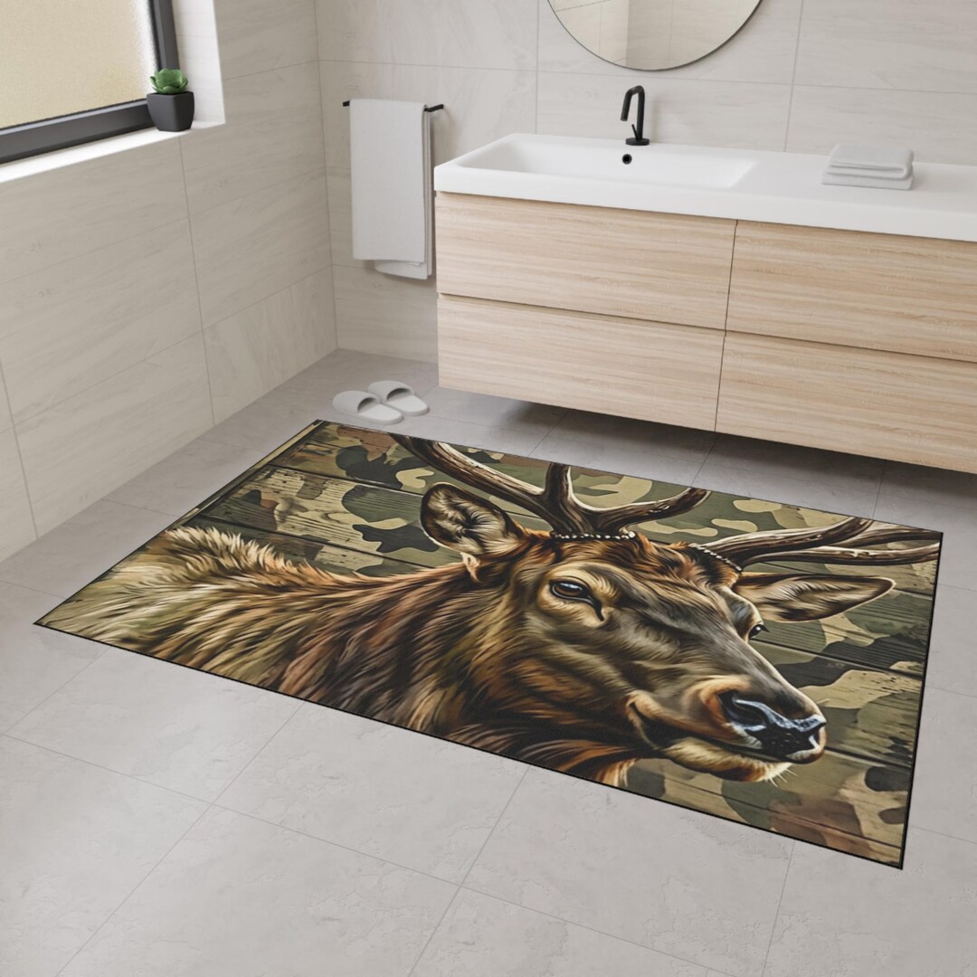 Rustic Elk Rugs Rustic Elk Portrait Heavy Duty Floor Mat | Camouflage Wood Background ...