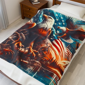 Plush Blanket, Ragged Blood Eagles with American Flags Design - Throw Blanket, Cozy Blanket, Patriotic Blanket, USA Blanket, American Flag