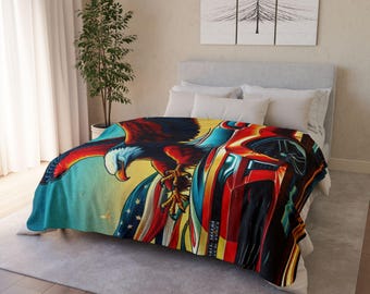 Patriotic Sherpa Fleece Throw Blanket, Bald Eagle & Vintage Car