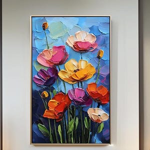 Large Floral Acrylic Oil Painting for Living Room Decor - Hand-Painted Wall Art