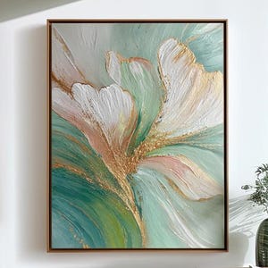 Floral Gold Accents Oil Painting - Pink Green Flower Wall Art for Modern Home Decor