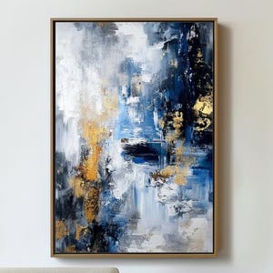 Large Grey and Blue Abstract Oil Painting on Canvas: Minimalist Textured Wall Art