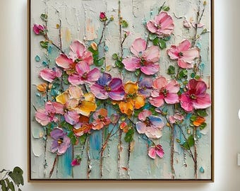 Textured Impasto Flower Oil Painting - Colorful 3D Floral Wall Art for Living Room Decor