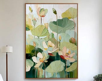 Lotus Flower Oil Painting | Green Botanical Canvas Textured Floral Wall Art