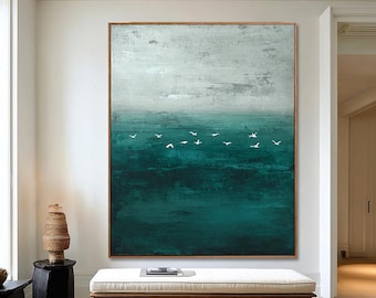Abstract Ocean Painting | Teal Seascape with Birds | Minimalist Coastal Wall Art
