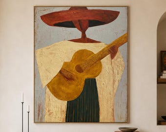 Warm Neutral Guitar Painting, Minimalist Musician Oil Art, Handmade Canvas