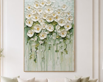 3D Textured White Floral Oil Painting, Sage Green Botanical Canvas Art, Romantic Cottagecore Decor