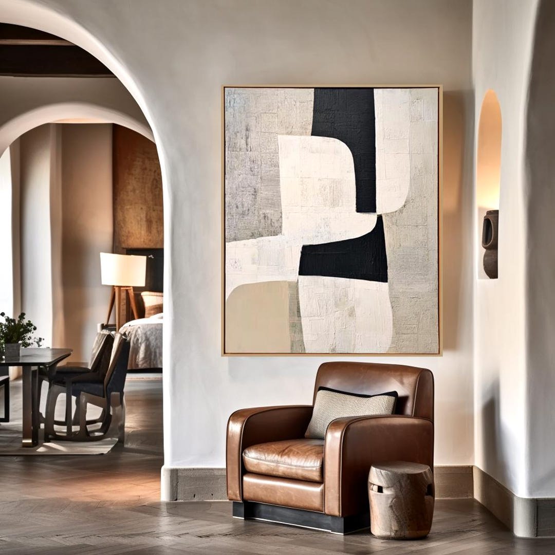 Abstract Geometric Shapes Oil Painting - Black White Minimalist Wall ...